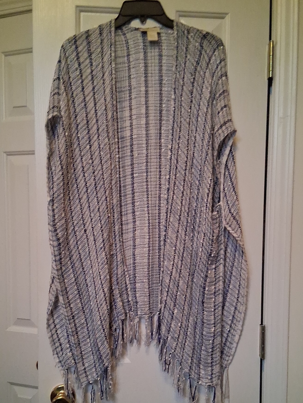 Open-Front Lightweight Fringe Poncho - Blue & White